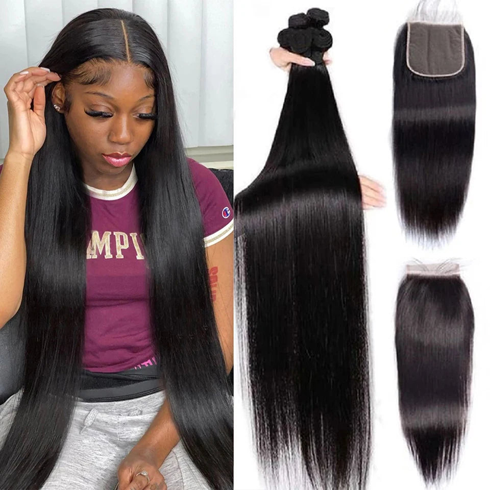 Bone Straight Human Hair Bundles With Closure 4x4 Lace Closures With Bundles Brazilian Hair Weave Bundles With Closure Remy Hair